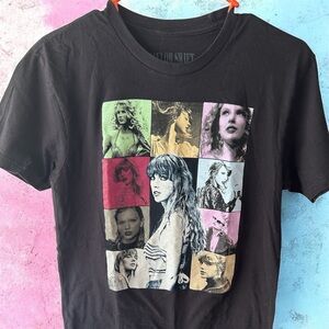 Black Graphic T-Shirt with Multicolor Portraits of Taylor Swift Official Merch